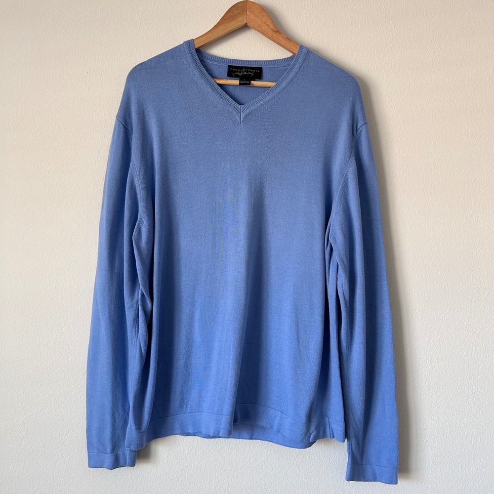 Harold Powell Quiet Luxury Mens Large V-Neck Sweater Light Blue Made in Italy
